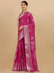 Rani Pink Geometric Banarasi Silk Saree With Weaving Work