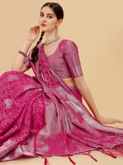 Rani Pink Geometric Banarasi Silk Saree With Weaving Work