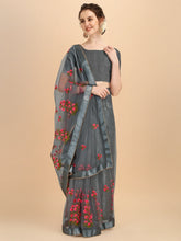 Grey Net designer embroidery saree