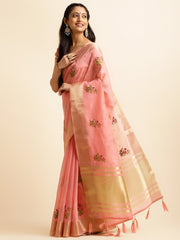 Pink Cotton Silk Floral Embroidery Saree
