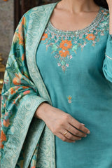 Ocean Blue Silk Embroidered Stitched Suit Set