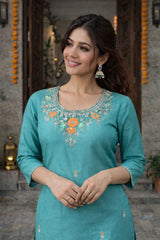 Ocean Blue Silk Embroidered Stitched Suit Set