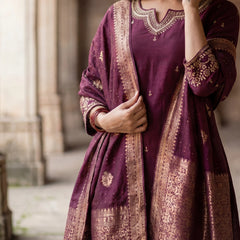 Wine Pure Cotton Jacquard Stitched Suit Set