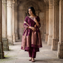 Wine Pure Cotton Jacquard Stitched Suit Set