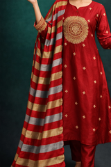 Red Silk Blend Embroidered Stitched Suit Set