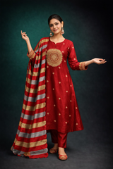 Red Silk Blend Embroidered Stitched Suit Set