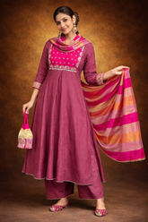 Rani Pink Silk Blend Embroidered Stitched Suit Set