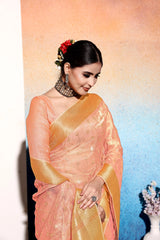 Orange Embroidered Tissue Cotton silk saree