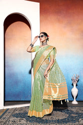 Pista Green Embroidered Tissue Cotton silk saree