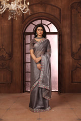 Grey Floral Sequins Embroidery Work Jimmy Choo Saree