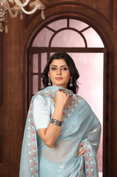Sky Blue Floral Sequins Embroidery Work Jimmy Choo Saree