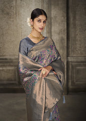 Grey Pashmina Banarasi Silk Saree