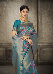 Turquoise Blue Pashmina Banarasi Silk Saree