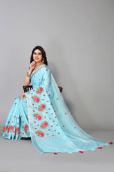 Pure Blue cotton silk saree with embroidered Gold Zari Pallu