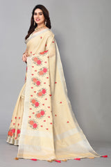 Cream Cotton Silk Saree With Embroidered Gold Zari Pallu