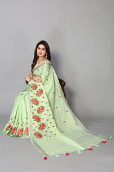 Pure Green cotton silk saree with embroidered Gold Zari Pallu