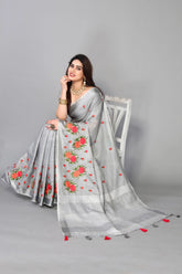 Pure Grey Cotton Silk Saree With Embroidered Gold Zari Pallu