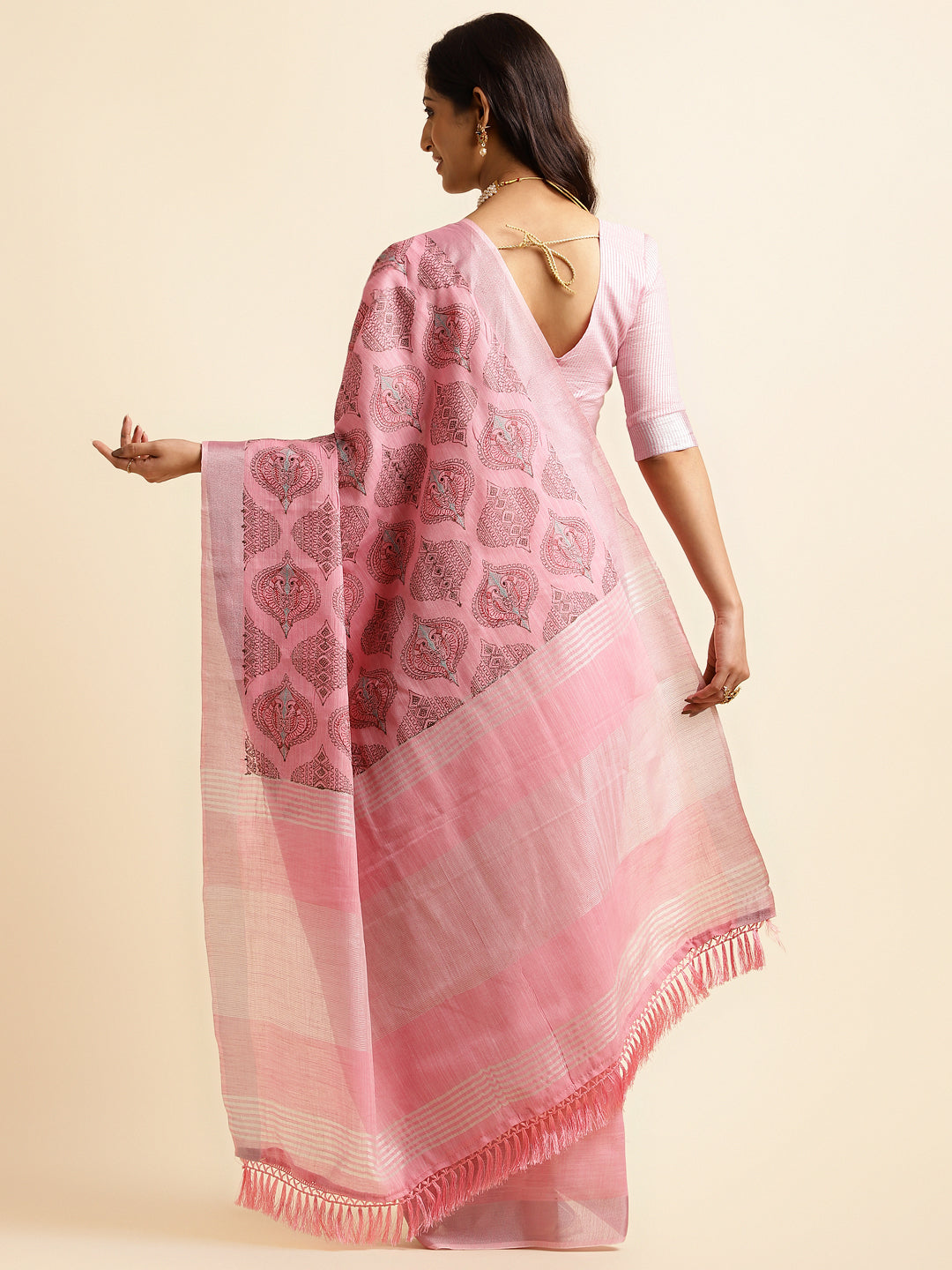 Baby Pink Embroidered Linen Cotton Saree for Sangeet  Ceremony