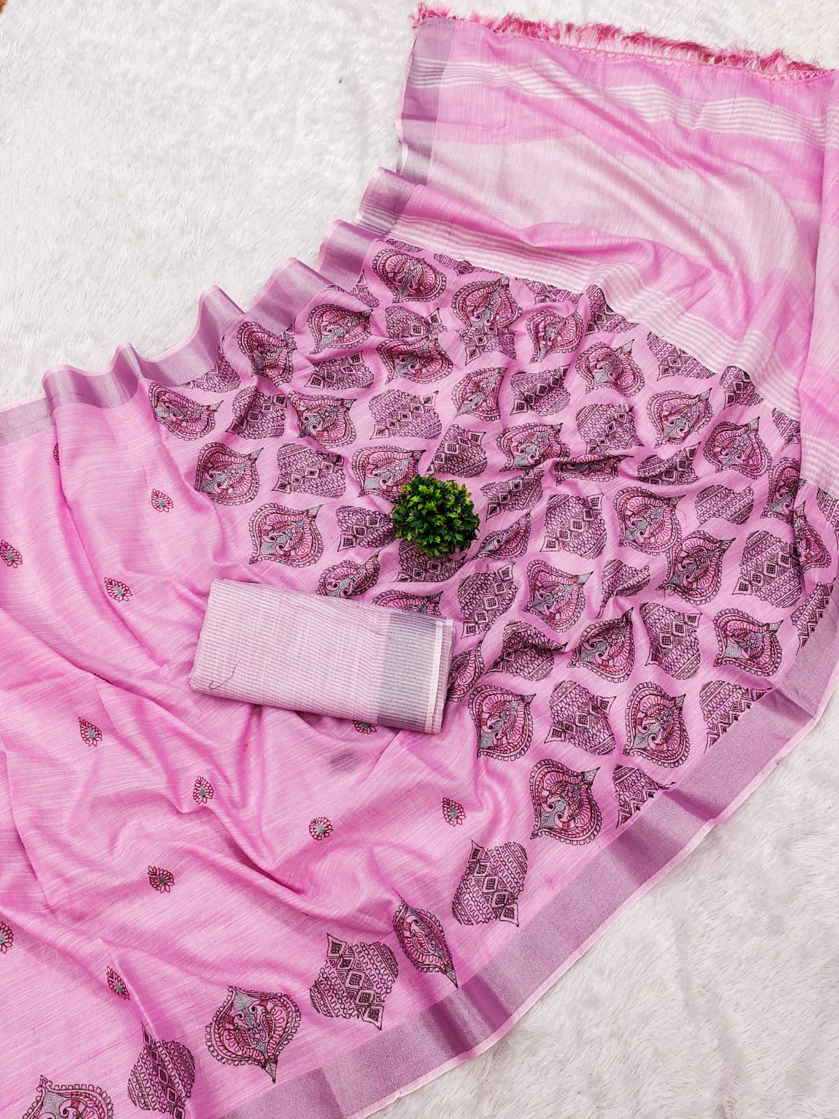 Baby Pink Embroidered Linen Saree for Sangeet