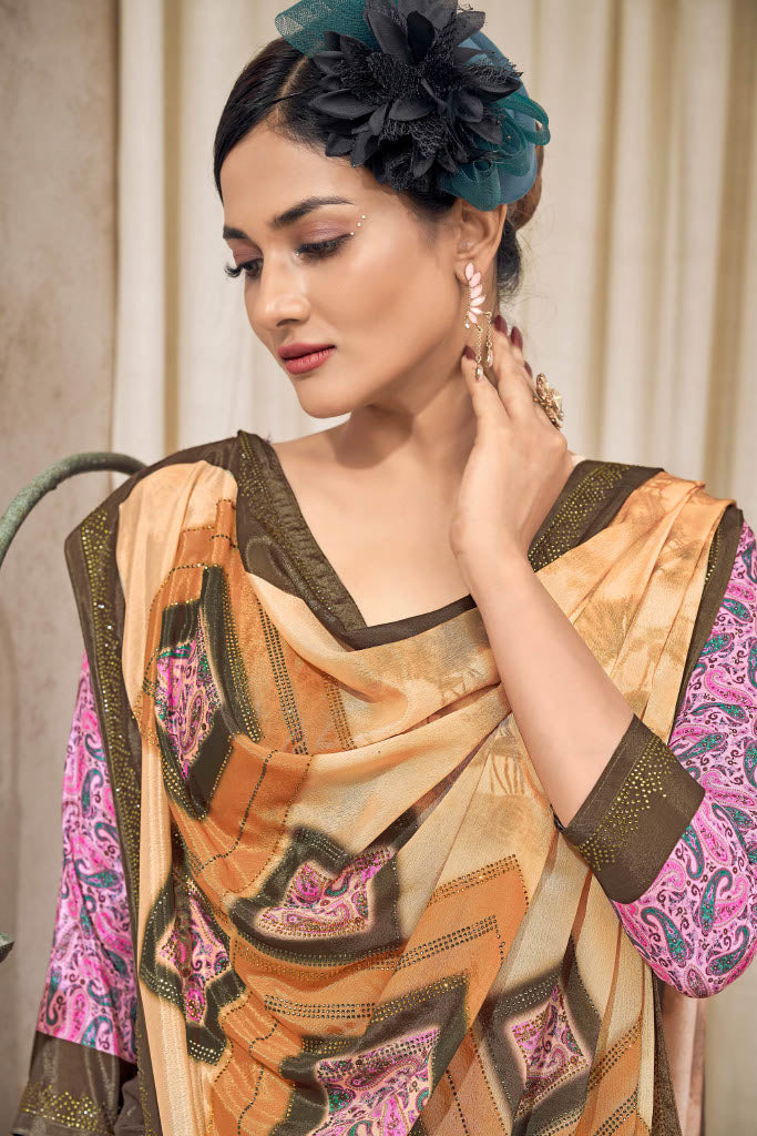 Beige Bollywood Satin Saree