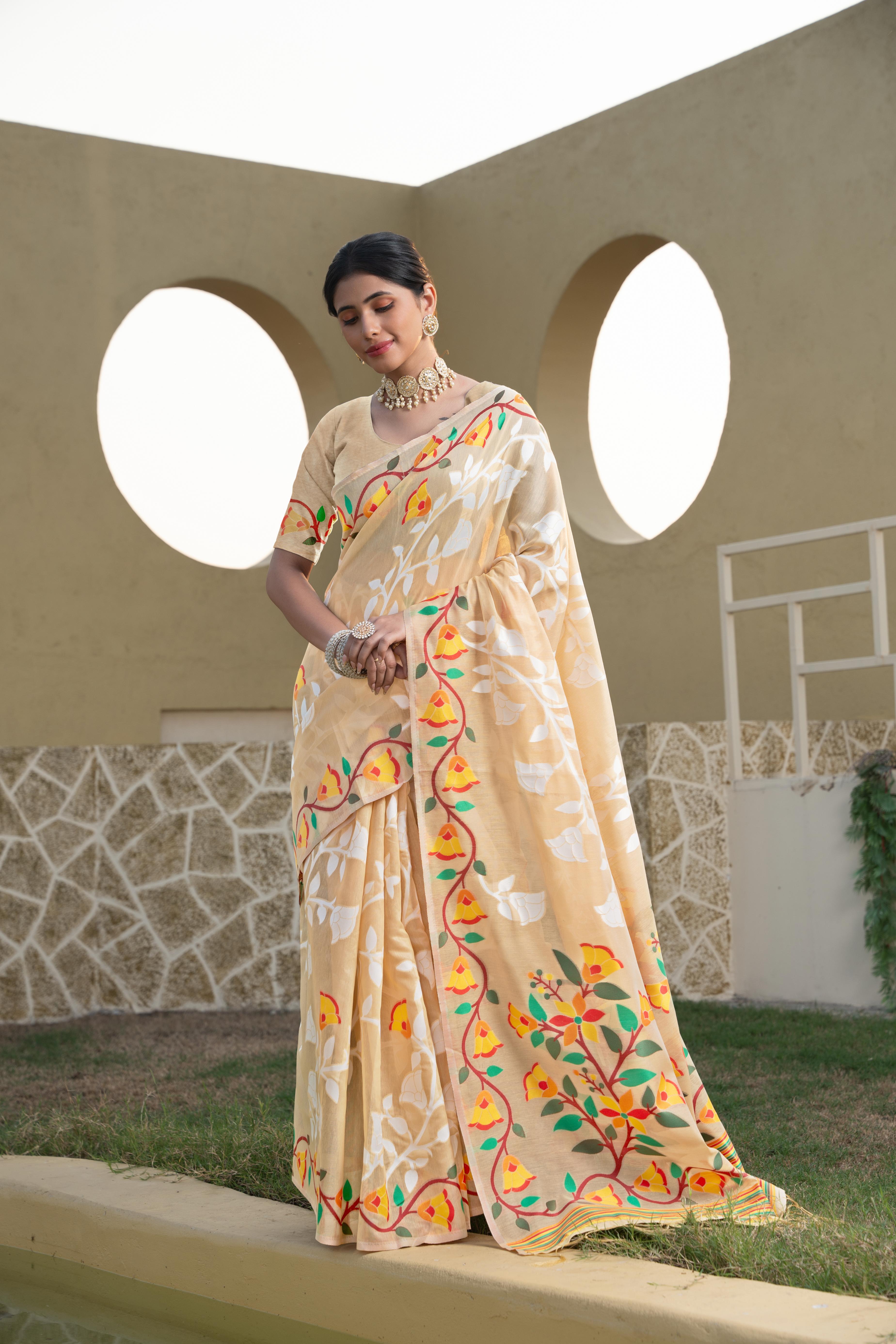 Beige Floral Print Cotton Saree