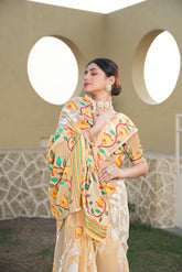 Beige Floral Print Cotton Silk Saree for Women