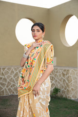 Beige Floral Print Saree For Women