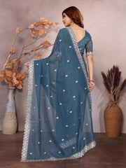 Blue Barbarick Silk Cutwork Saree