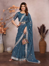 Blue Barbarick Silk Cutwork Saree
