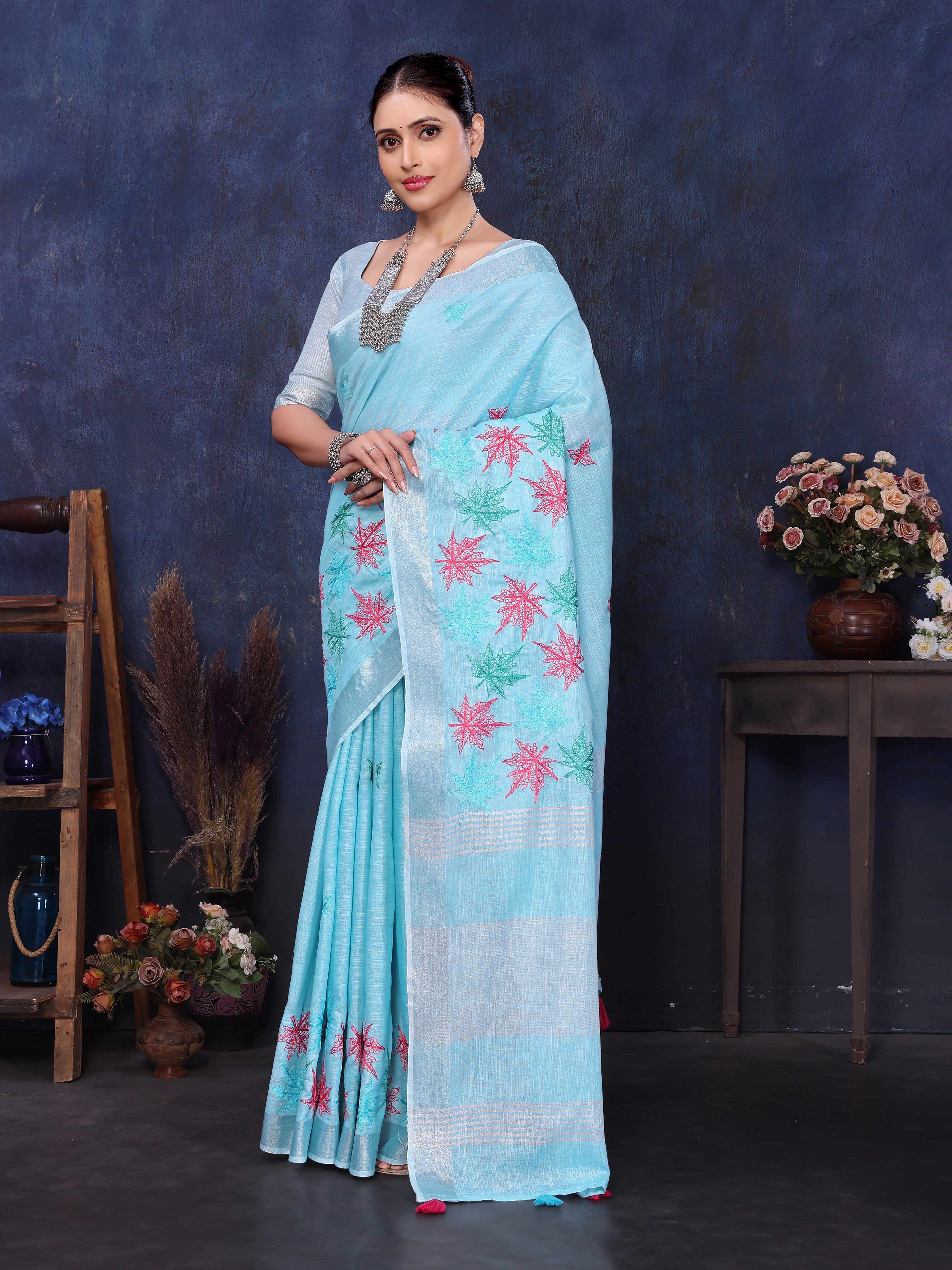 Blue Color Cotton Embroidery Silk Saree For Wedding