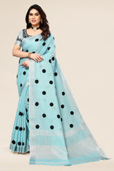 Blue Linen Saree With Embroidered Polka Design