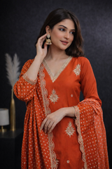 Rustic Orange Pure Silk Embroidered Stitched Suit Set