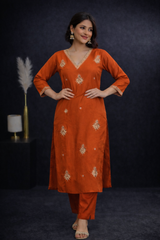 Rustic Orange Pure Silk Embroidered Stitched Suit Set