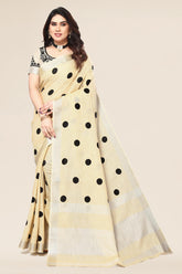 Cream linen saree with polka embroidery