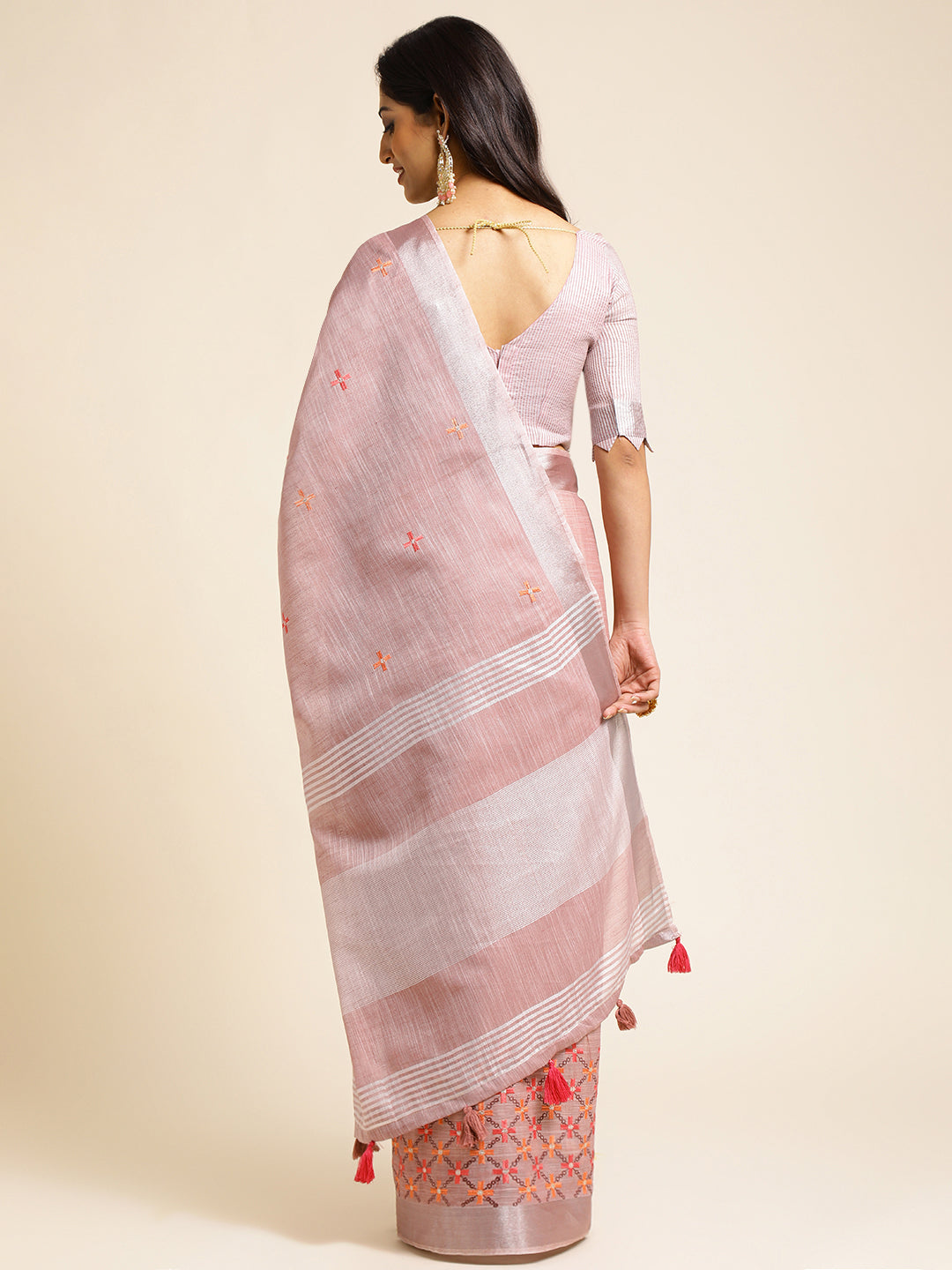 Dark Pink Linen Cotton Saree With Back Side Look