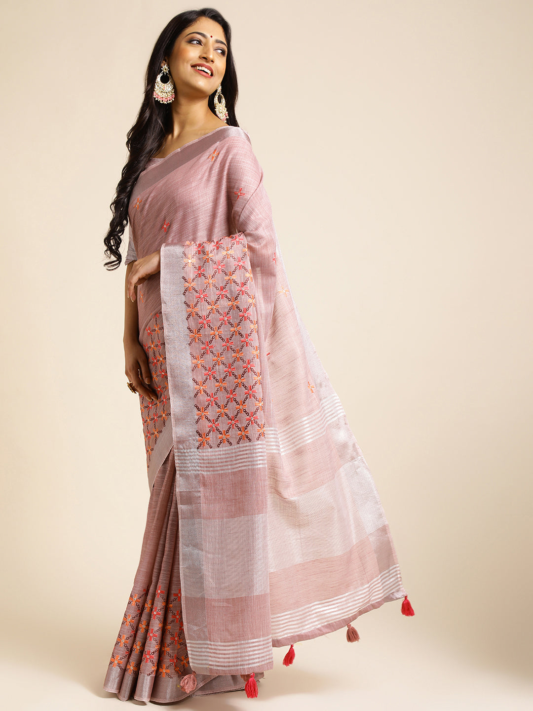 Dark Pink Linen Cotton Saree With Embroidery