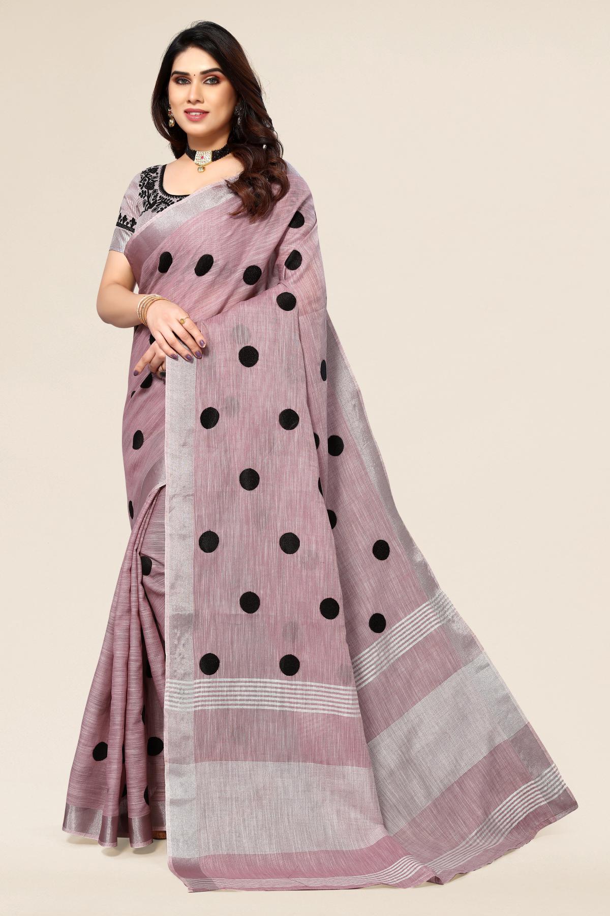 Dark Pink Linen Polka Dot Saree For Women