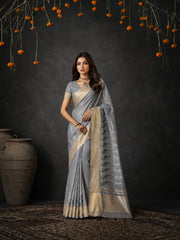 Grey Cotton Silk Embroidery Saree