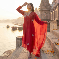 Red Chanderi Silk Floral Stitched Suit Set