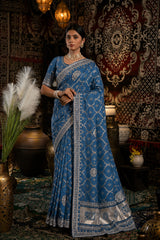 Blue Bandhani Pattern Vichitra Silk Saree
