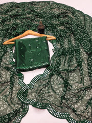 Green Georgette Bandhani Mirror Work Saree