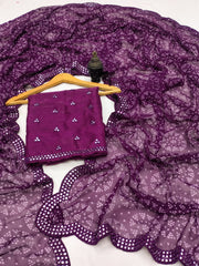 Purple Georgette Bandhani Mirror Work Saree