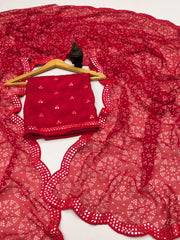 Red Georgette Bandhani Mirror Work Saree