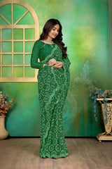 Green Bandhani Print Saree For Women