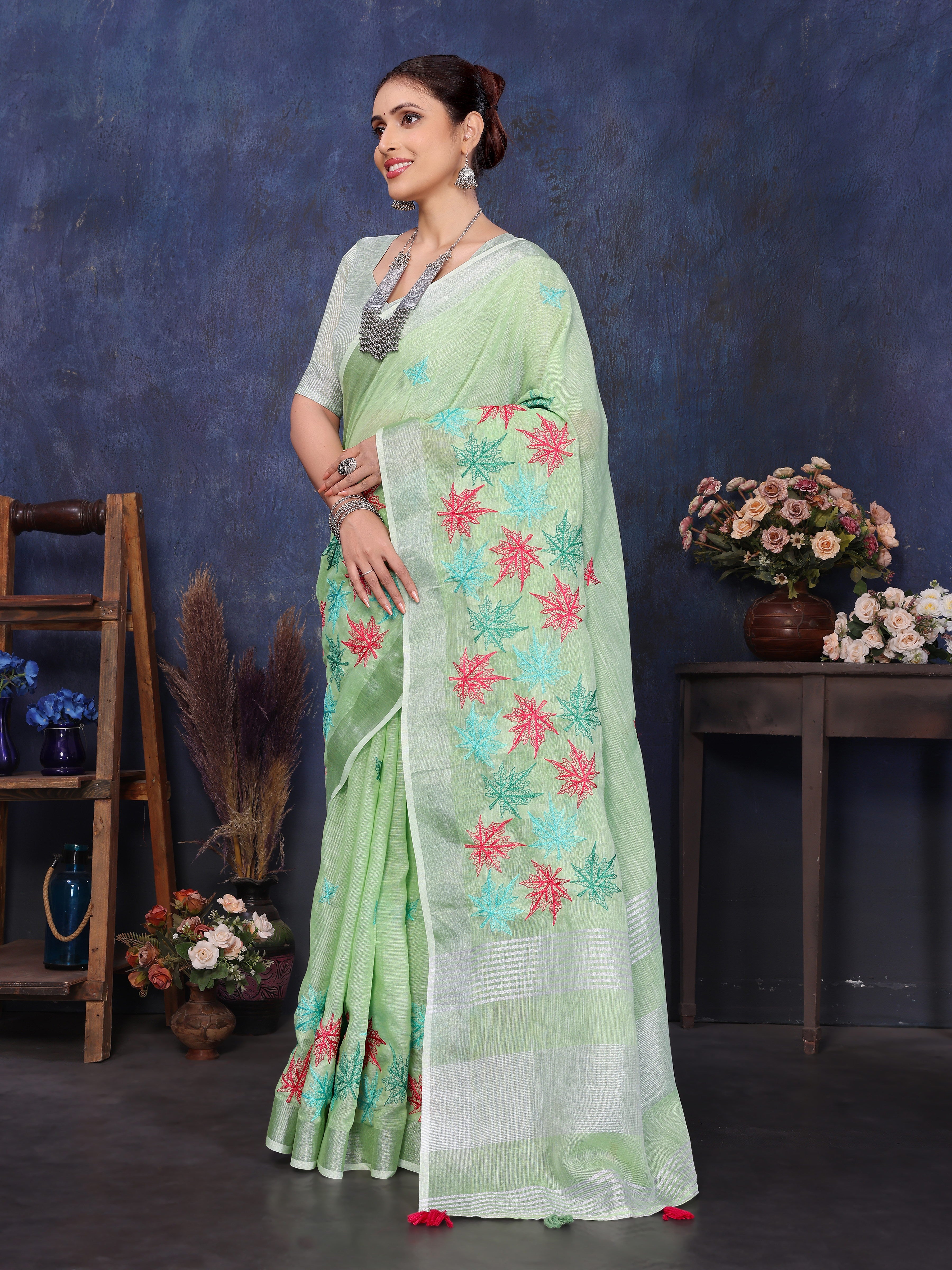 Green Color Linen Embroidery Work Saree