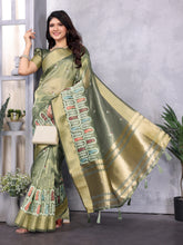 Green Cotton Khadi Silk Saree with Sequence Work