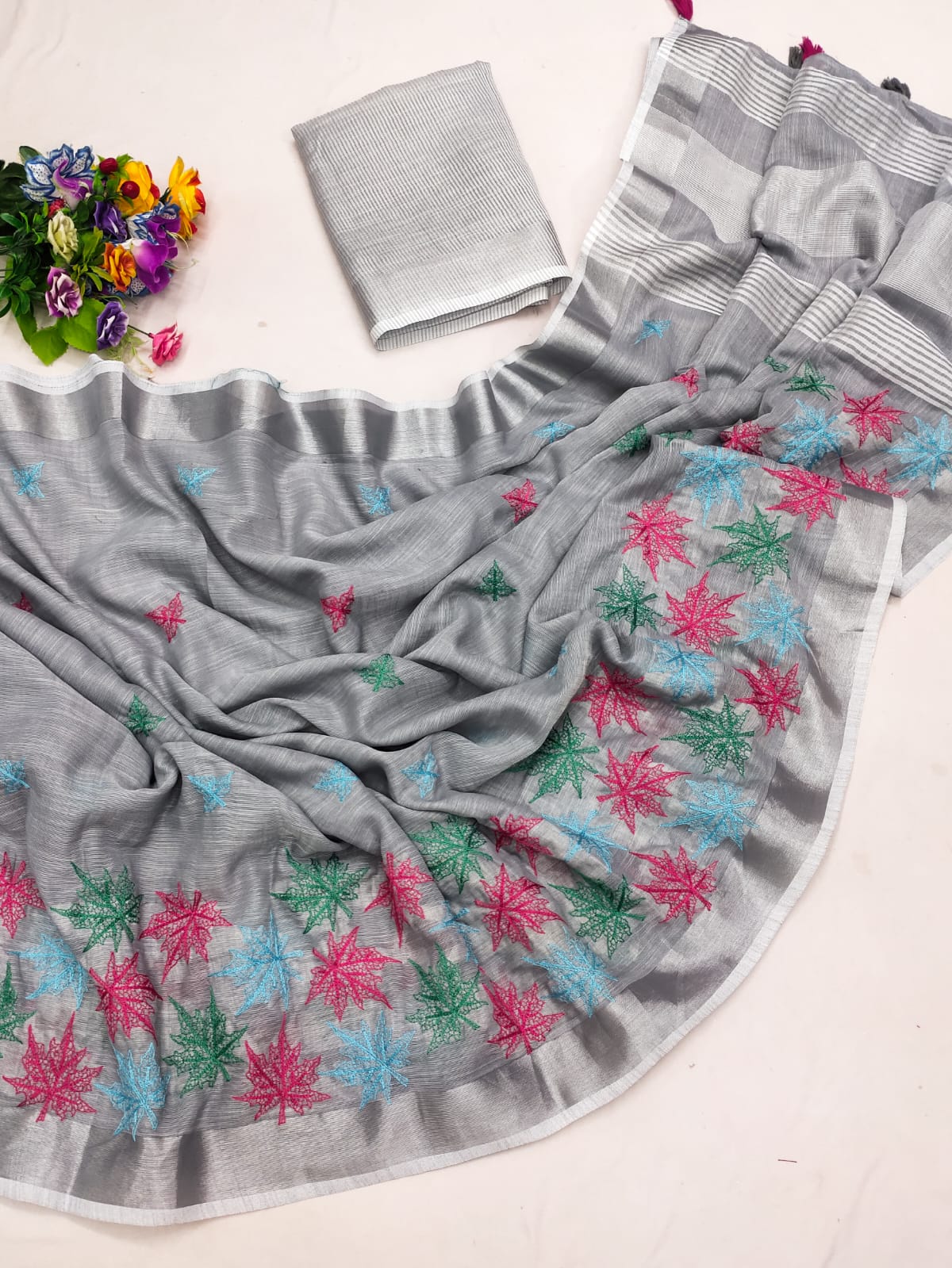 Grey Linen Embroidery Saree For Women