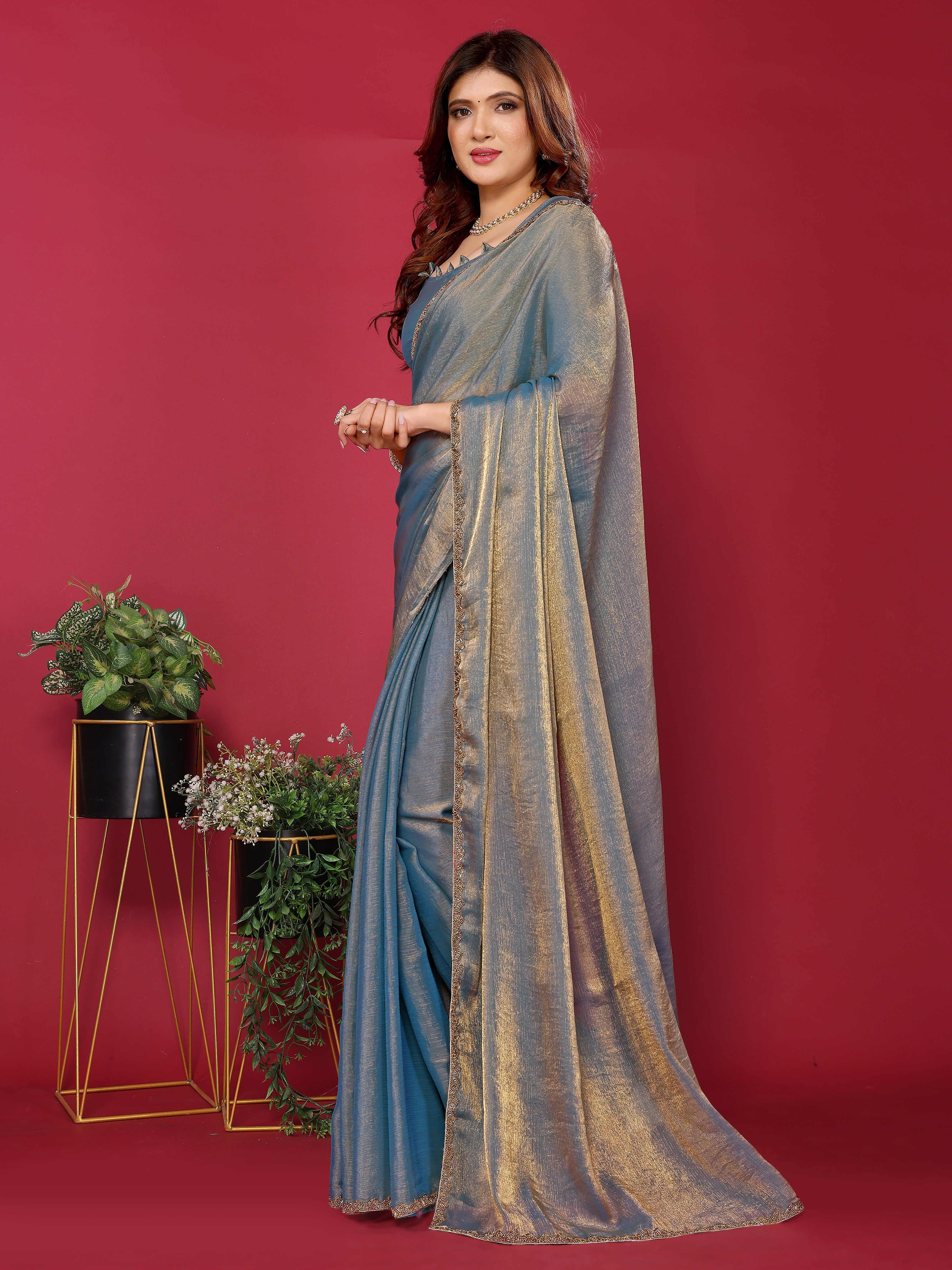 Blue Satin Silk Handwork Work For Diwali Saree