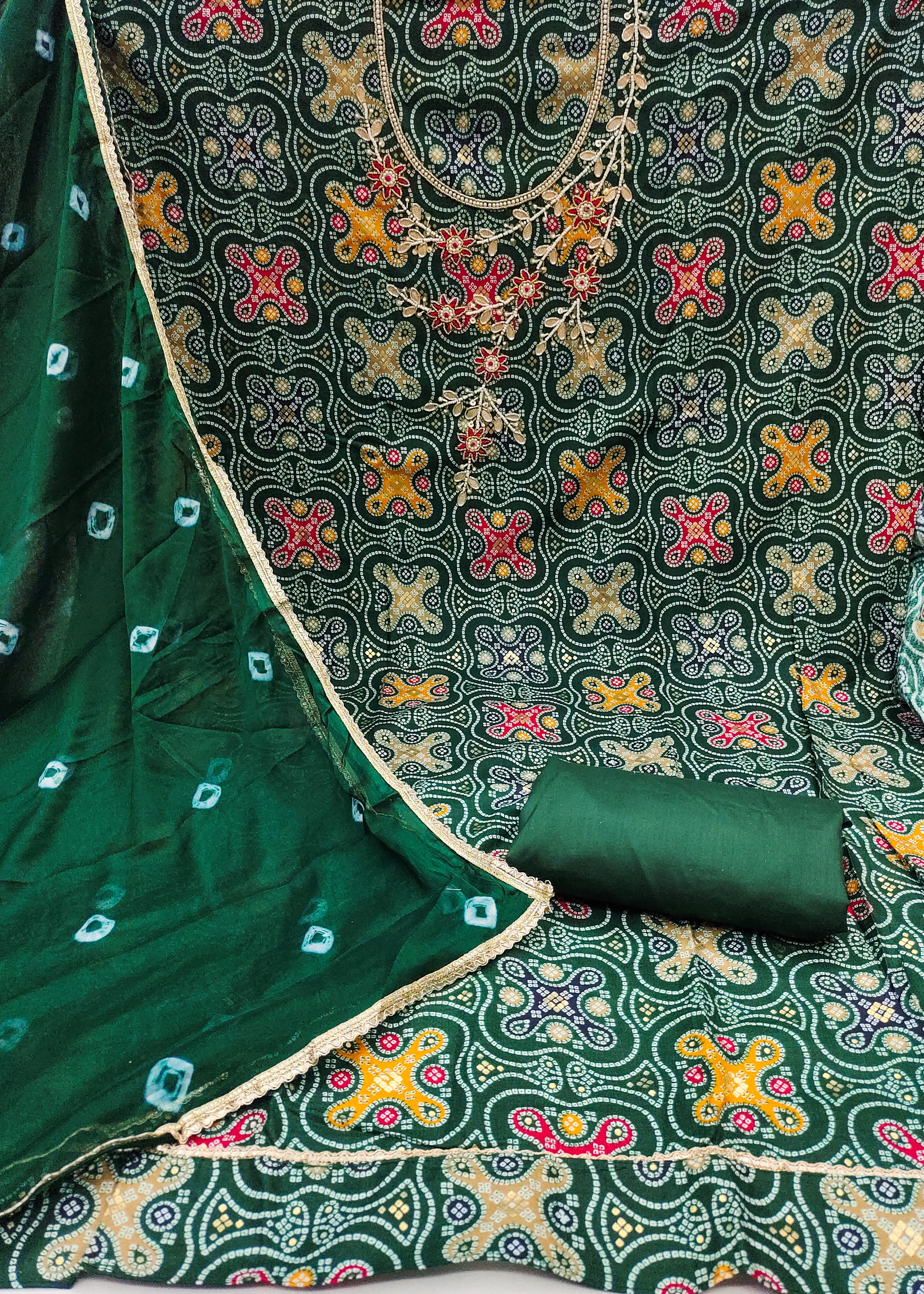 Dark green bandhani Unstitched suit Set for Navratri