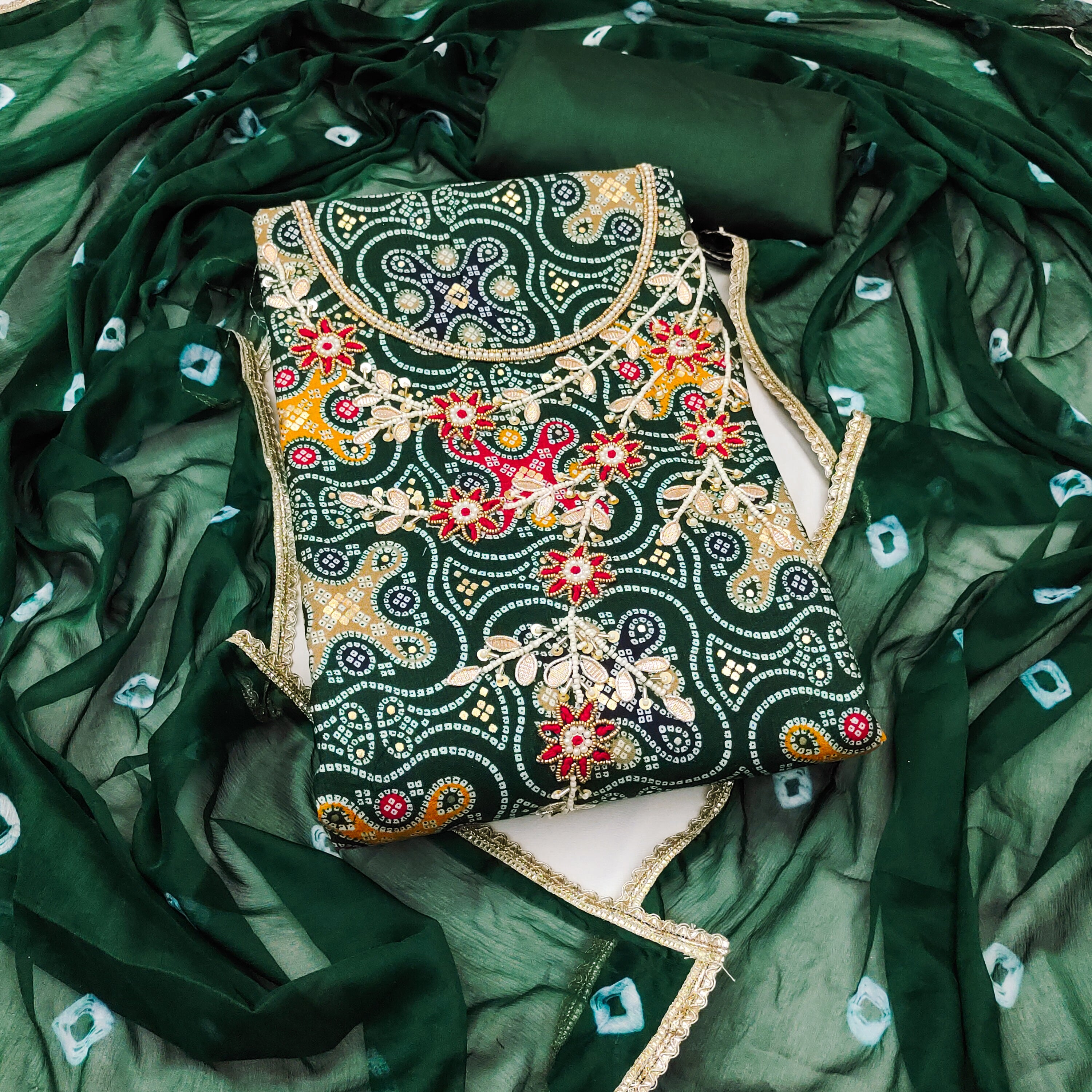 Dark green Bandhani printed Cotton Unstitched suit set
